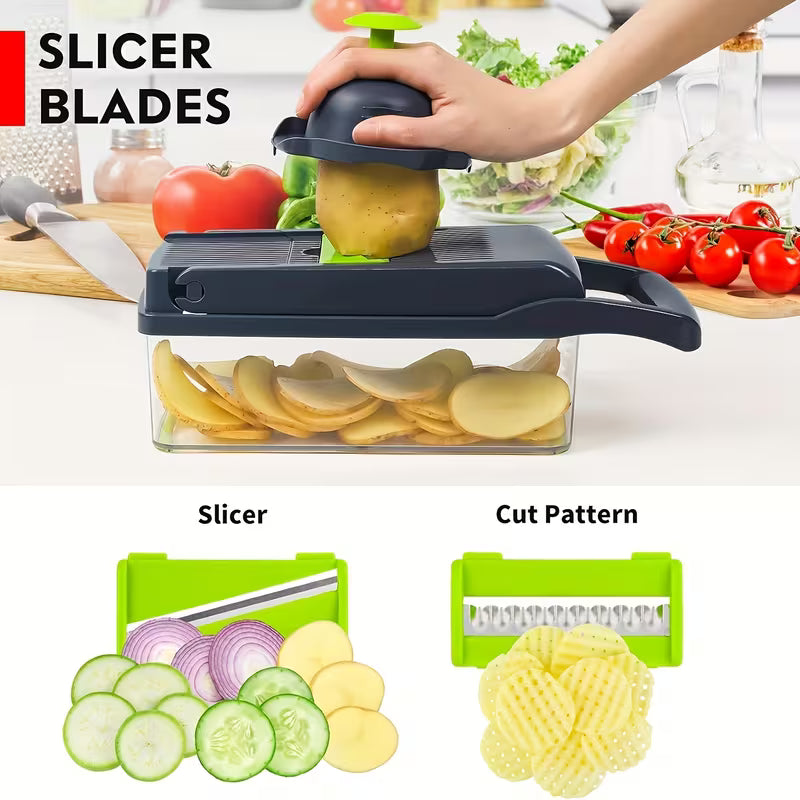 Professional Multifunctional 16-in-1 Vegetable Chopper - Onion Chopper, Kitchen Vegetable Slicer and Dicer - with 8 Blades, Carrot Chopper and Containe