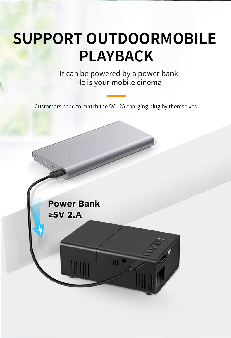 A 80° mini projector with a remote control, USB phone connection and LED lights