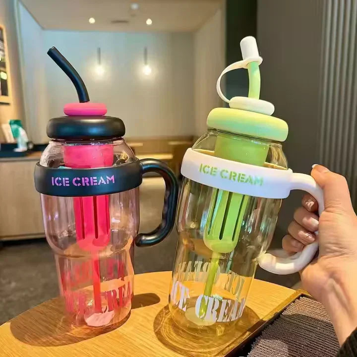 Large Capacity Ice Cream Water Bottle with Straw