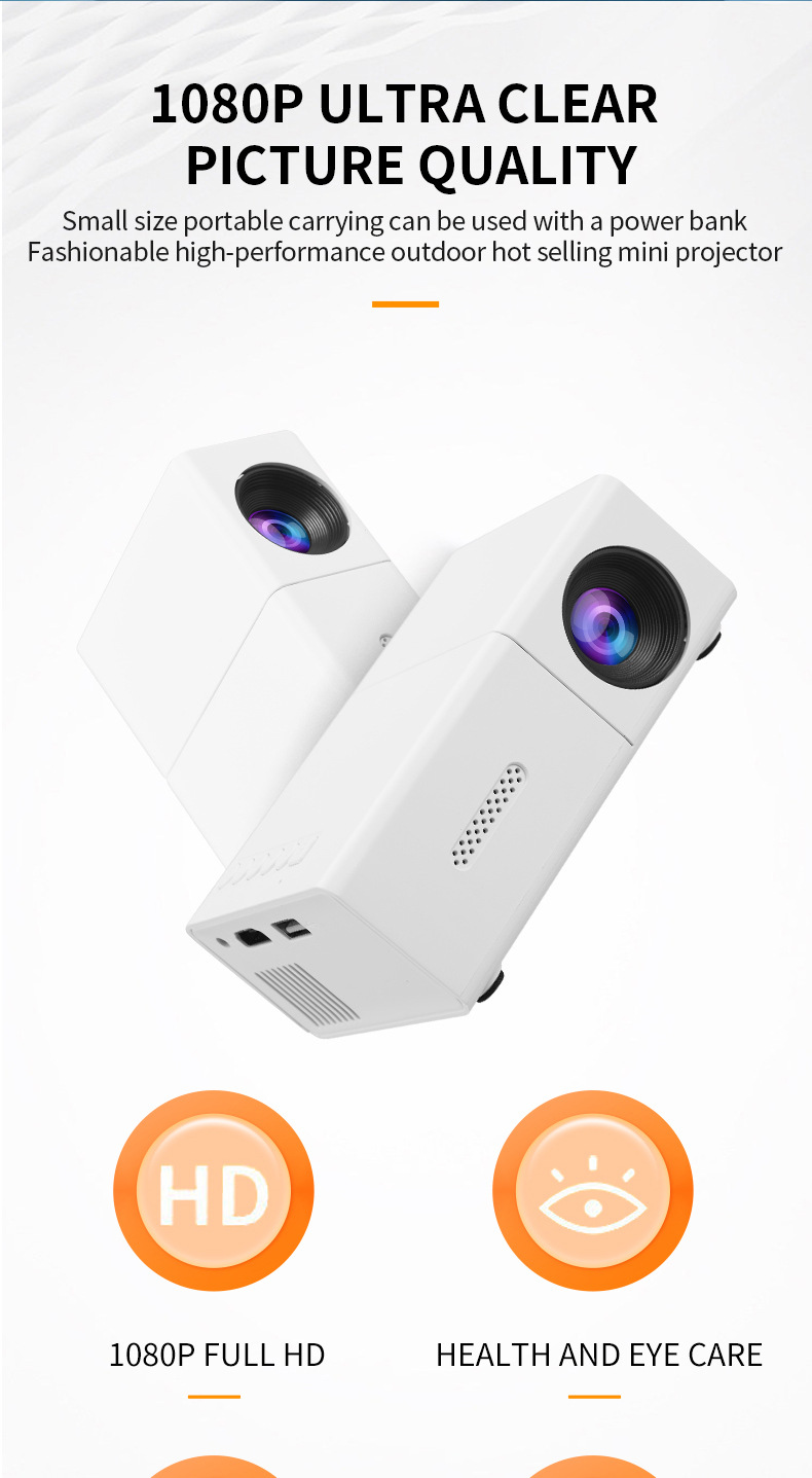 A 80° mini projector with a remote control, USB phone connection and LED lights
