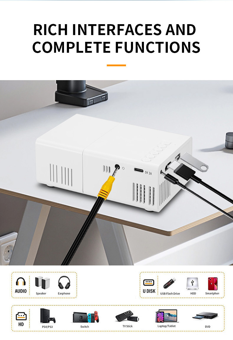 A 80° mini projector with a remote control, USB phone connection and LED lights