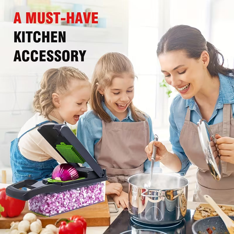 Professional Multifunctional 16-in-1 Vegetable Chopper - Onion Chopper, Kitchen Vegetable Slicer and Dicer - with 8 Blades, Carrot Chopper and Containe