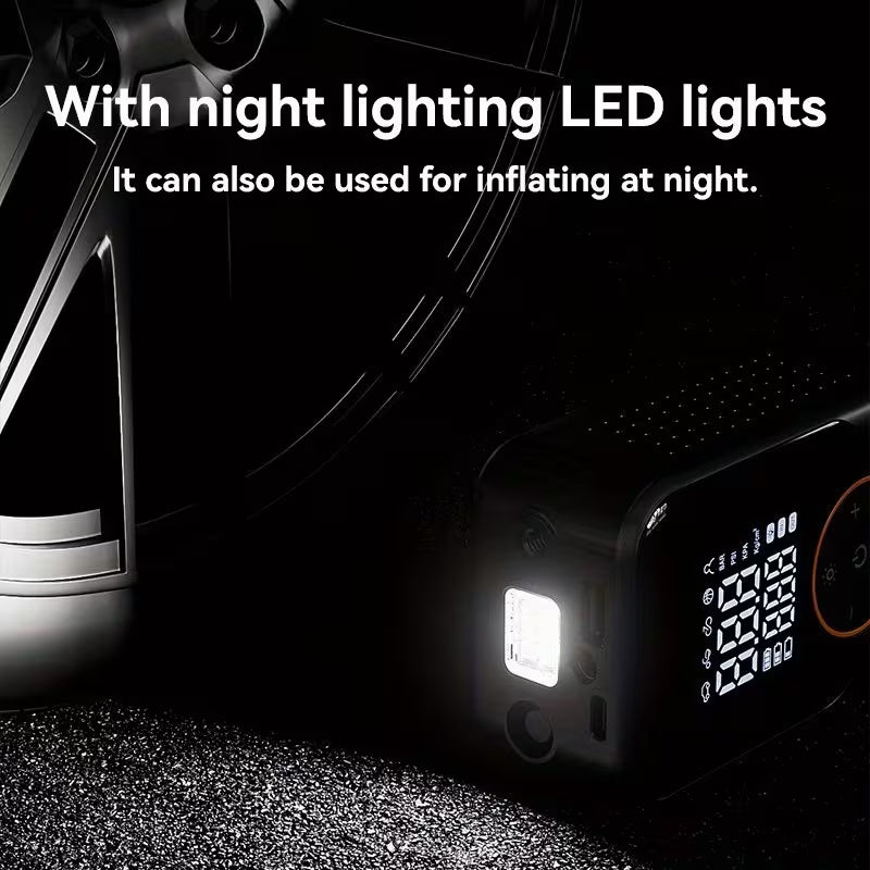 Portable Air Compressor with Digital LCD – Wireless Tire Inflator, USB-C Fast Charging, LED Light, Auto Shut-Off – For Cars, Bikes & More