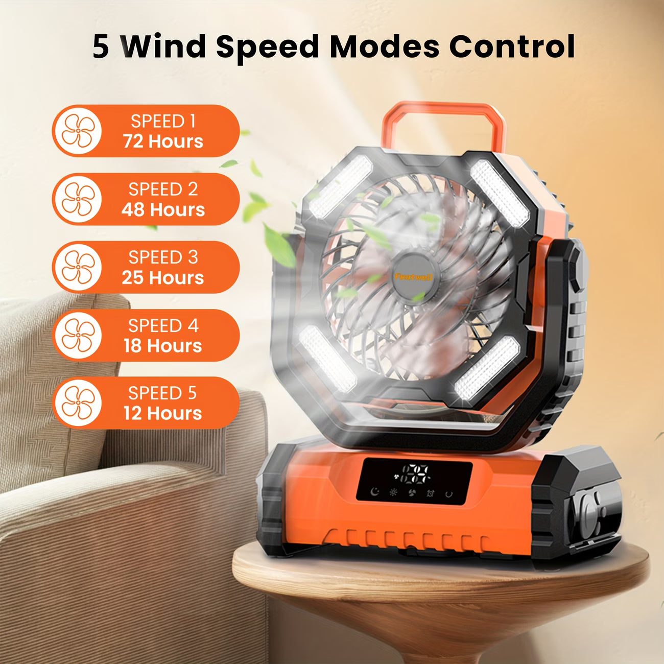 20000mAh Portable LED Camping Fan with Touch Control & Built-in Light – USB Rechargeable Outdoor Cooling Fan
