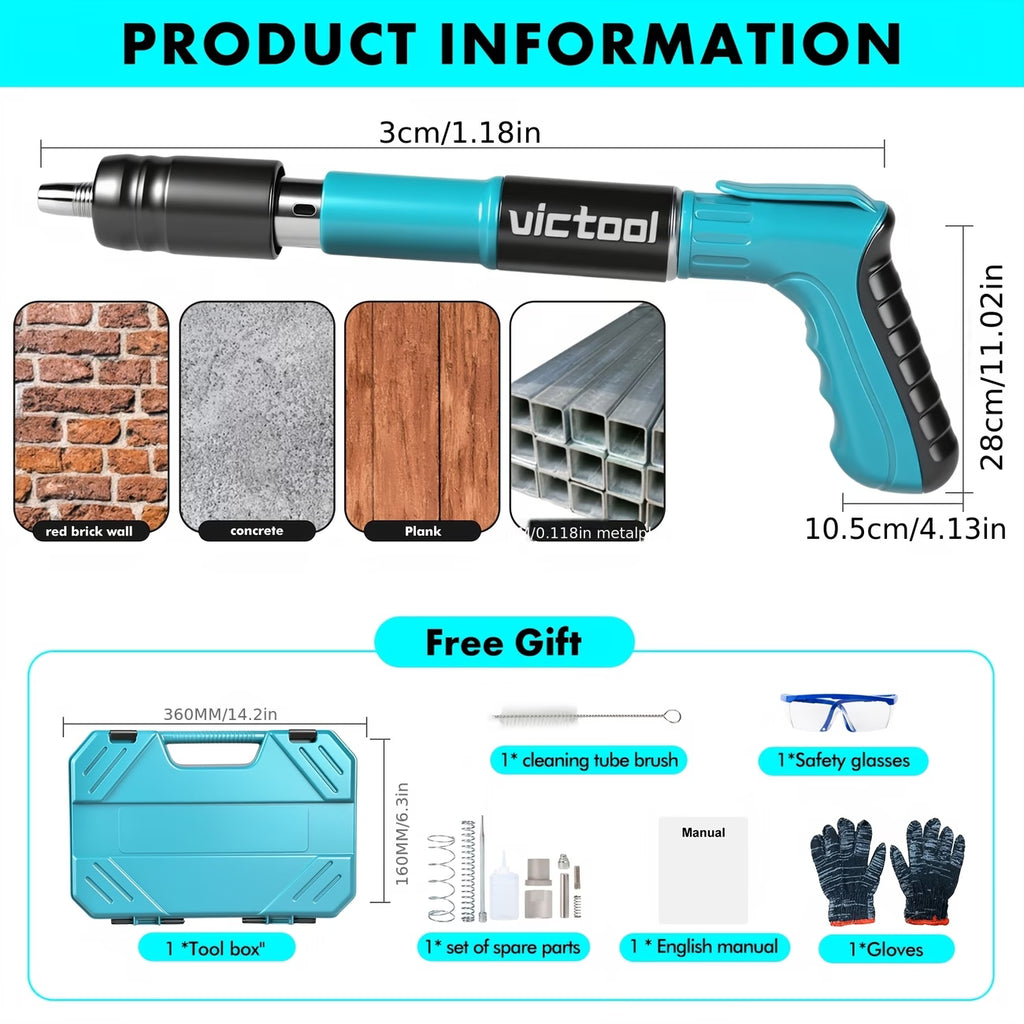 Manual Concrete Nail Gun Kit with 5 Adjustable Power Levels – Built-in Power System, Includes 120 Nails