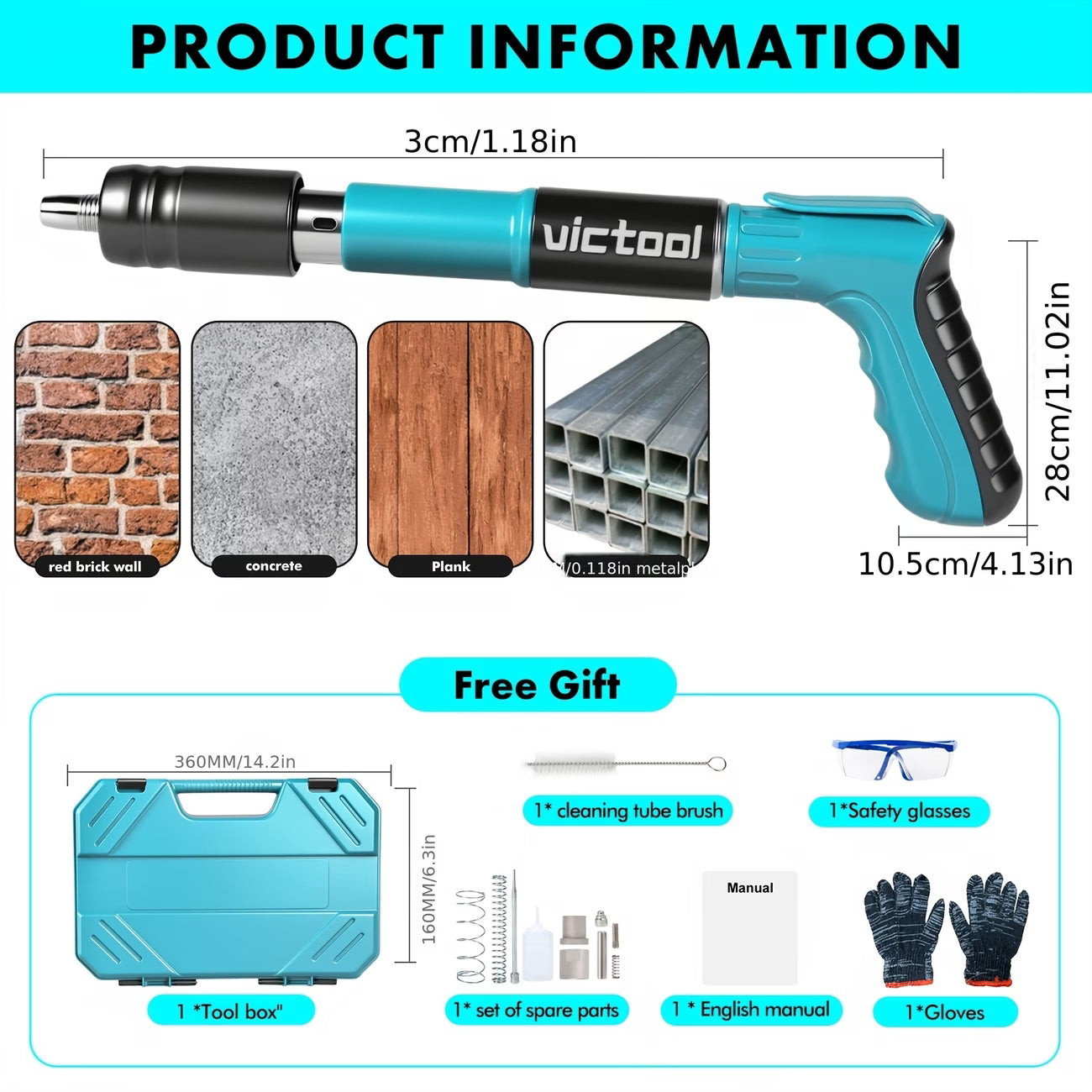 Manual Concrete Nail Gun Kit with 5 Adjustable Power Levels – Built-in Power System, Includes 120 Nails
