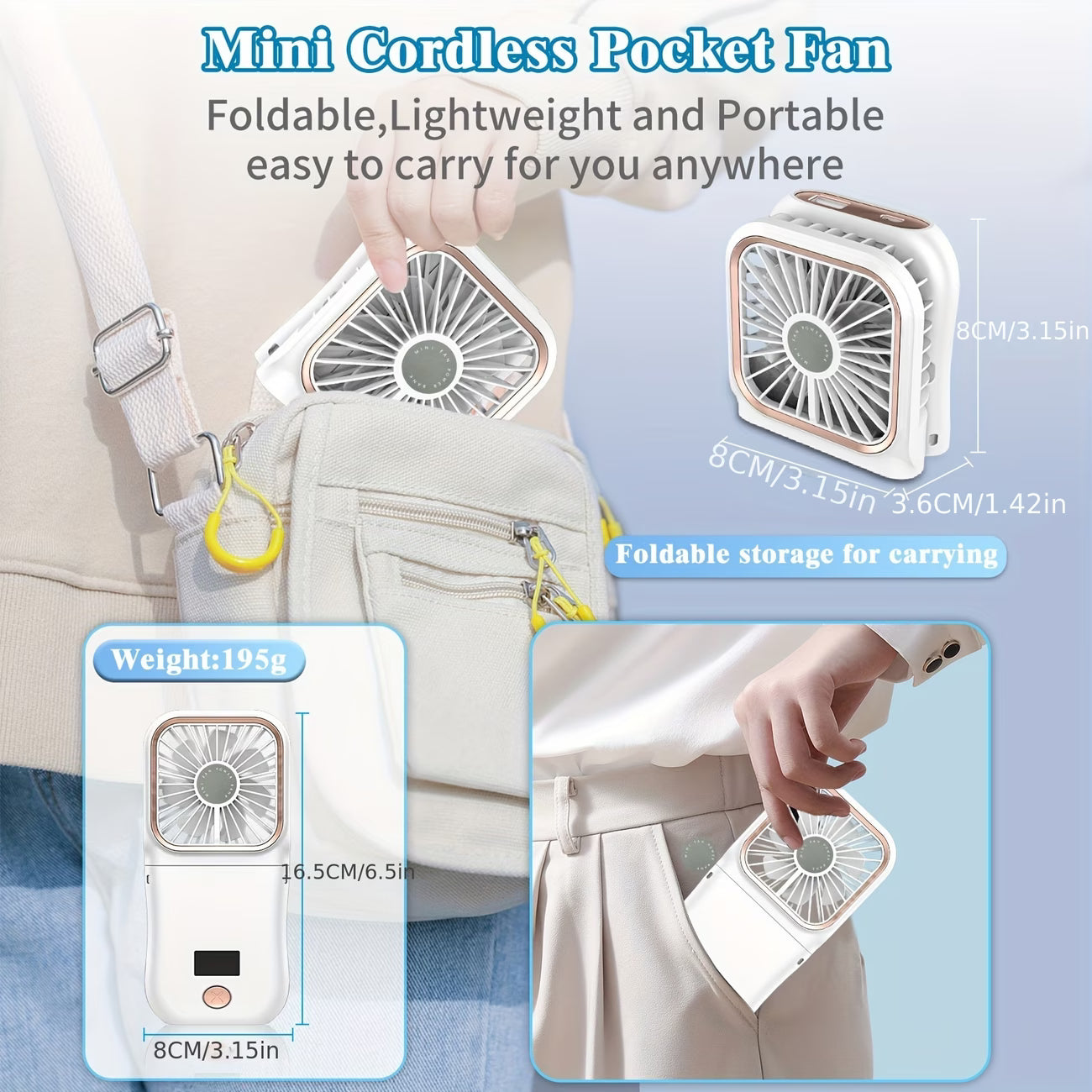 USB rechargeable 3000mAh battery, ultra-thin, digital display, foldable, mini, neck strap fan.