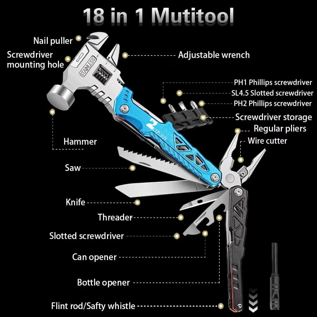 18-in-1 multi-functional tool, professional stainless steel multi-purpose pliers