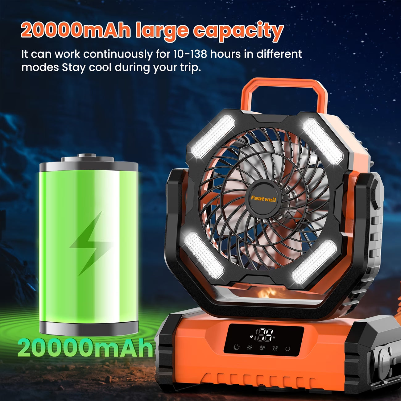20000mAh Portable LED Camping Fan with Touch Control & Built-in Light – USB Rechargeable Outdoor Cooling Fan