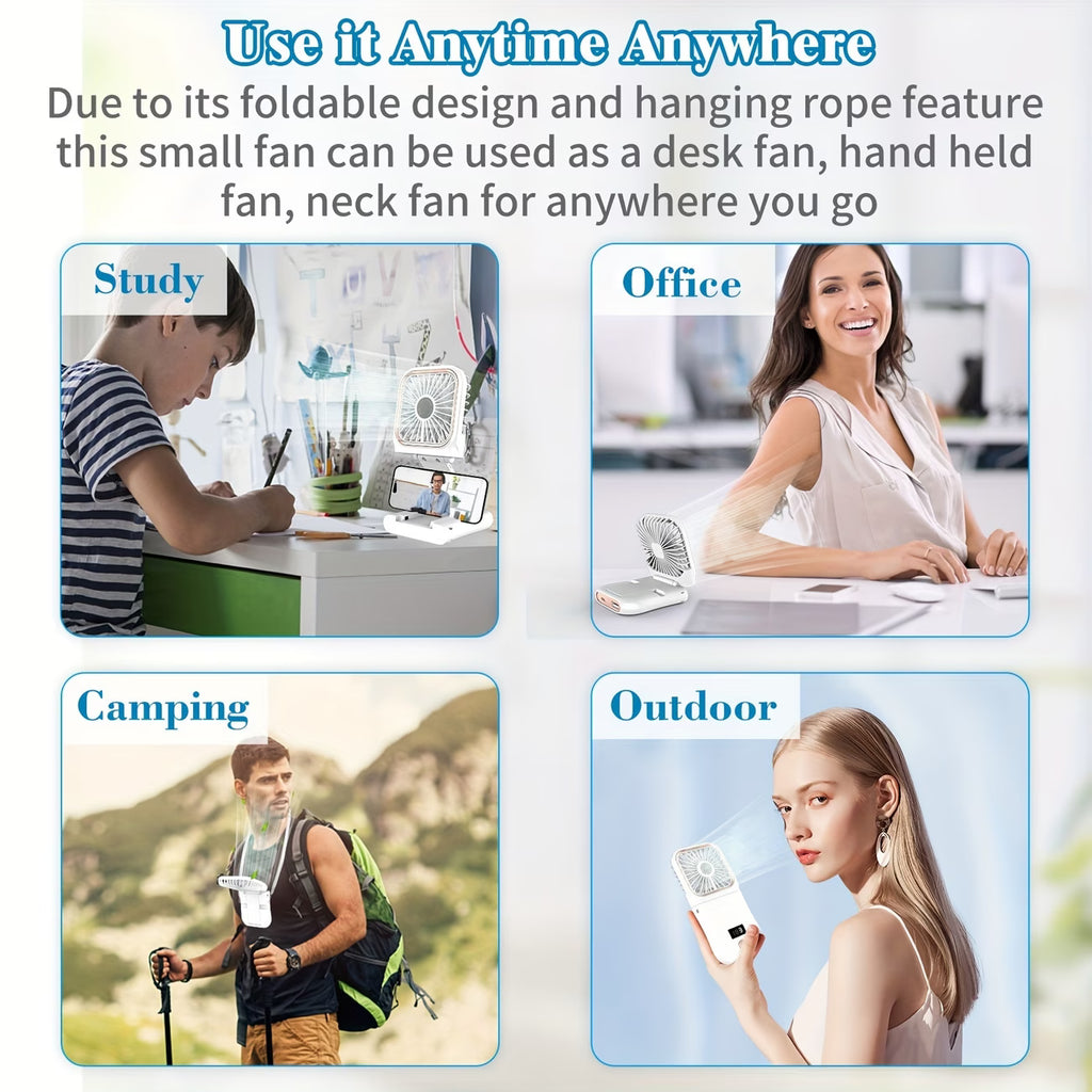 USB rechargeable 3000mAh battery, ultra-thin, digital display, foldable, mini, neck strap fan.