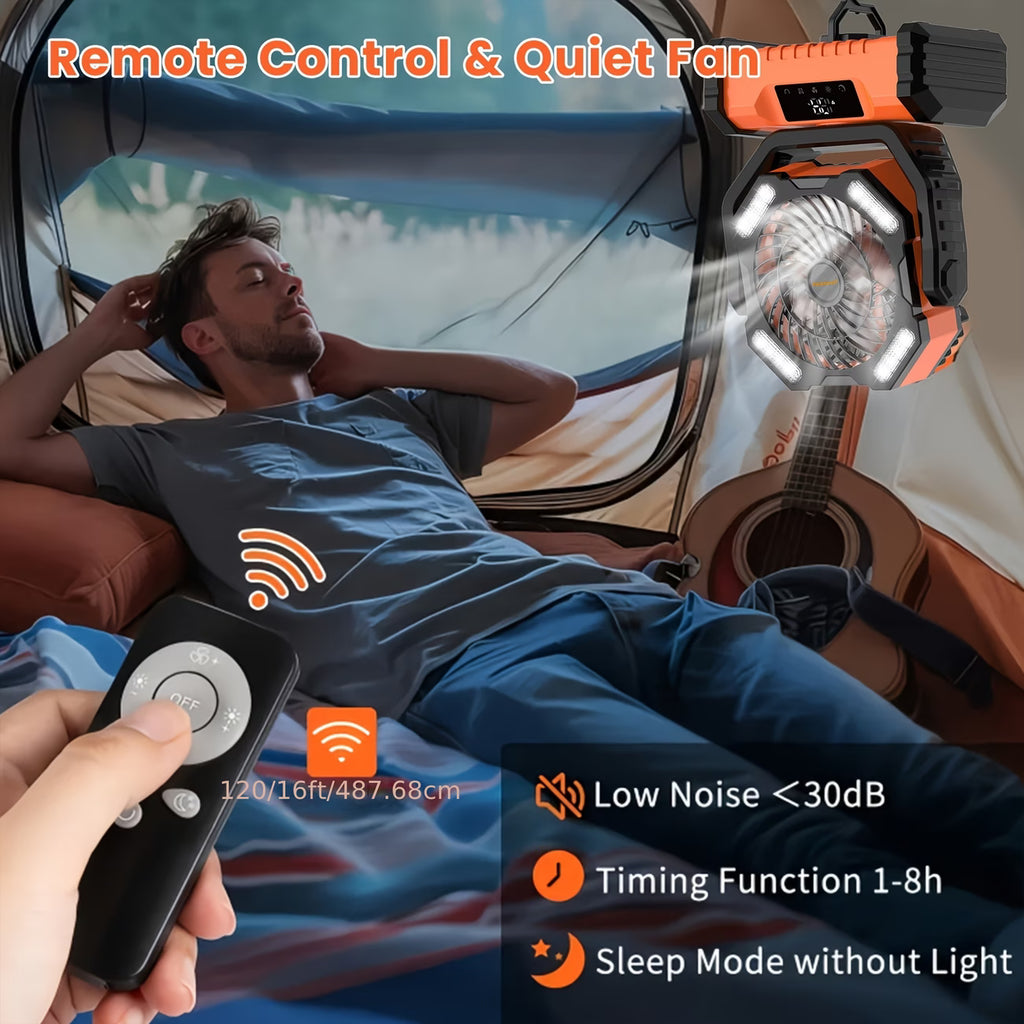 20000mAh Portable LED Camping Fan with Touch Control & Built-in Light – USB Rechargeable Outdoor Cooling Fan