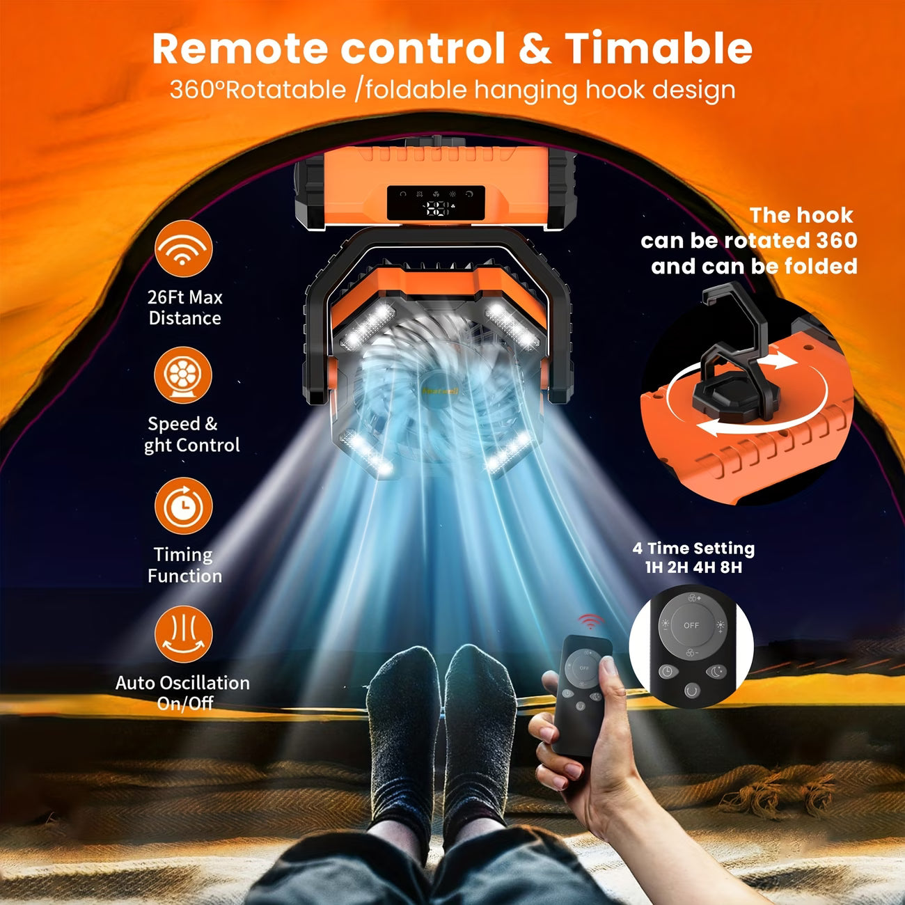 20000mAh Portable LED Camping Fan with Touch Control & Built-in Light – USB Rechargeable Outdoor Cooling Fan