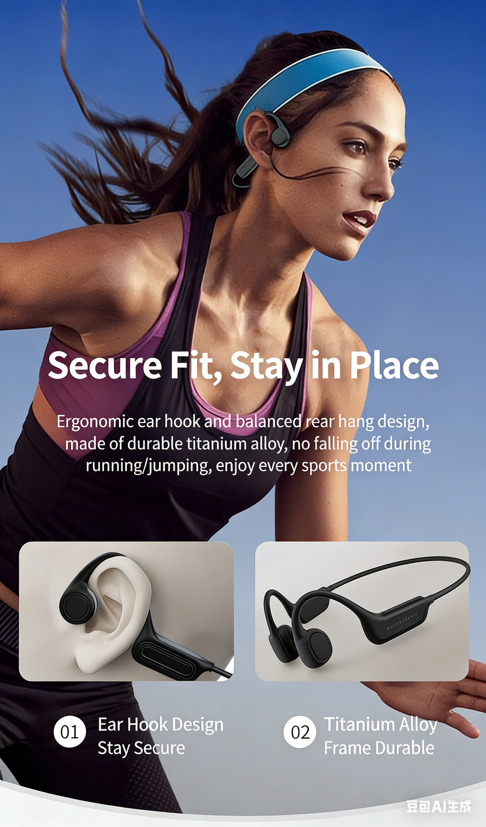 Bone Conduction Headphones – Open-Ear Wireless Sport Earbuds with Mic, 15H Playtime