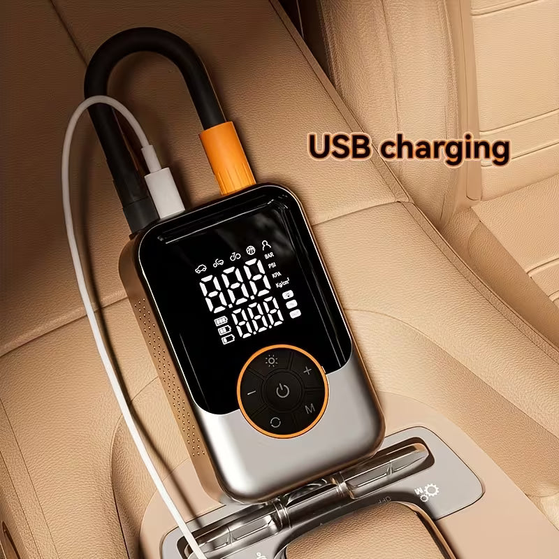 Portable Air Compressor with Digital LCD – Wireless Tire Inflator, USB-C Fast Charging, LED Light, Auto Shut-Off – For Cars, Bikes & More