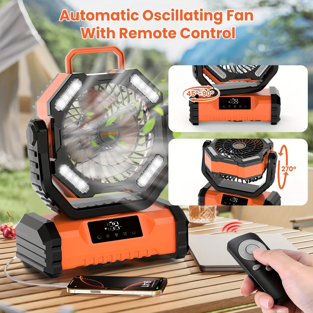 20000mAh Portable LED Camping Fan with Touch Control & Built-in Light – USB Rechargeable Outdoor Cooling Fan