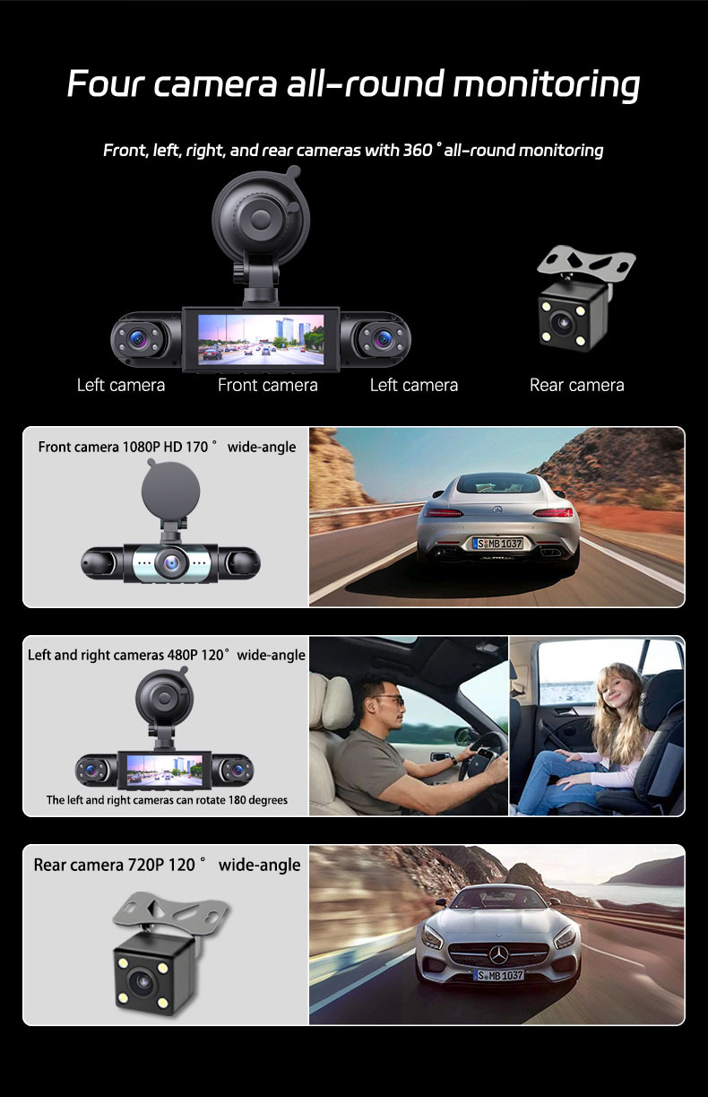 360° four-channel parking camera, equipped with 32GB memory card, high-definition night vision, WDR, G sensor, loop recording parking camera