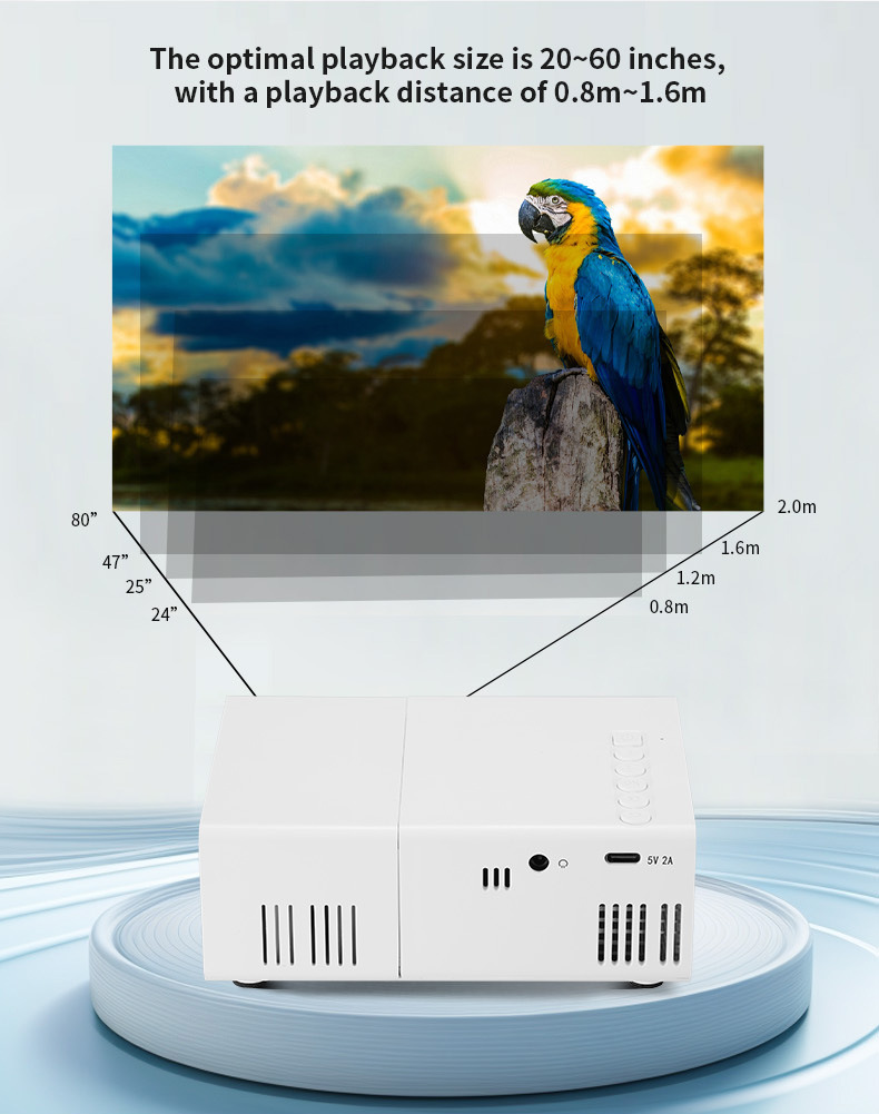 A 80° mini projector with a remote control, USB phone connection and LED lights