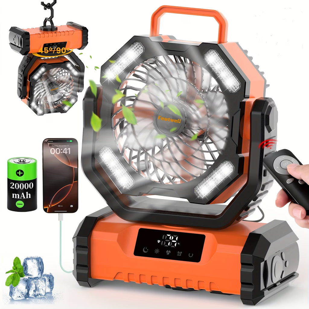20000mAh Portable LED Camping Fan with Touch Control & Built-in Light – USB Rechargeable Outdoor Cooling Fan