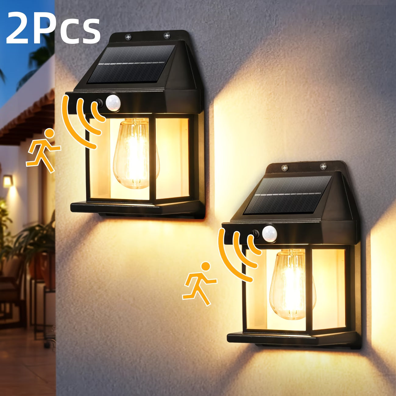 2 sets of outdoor solar wall lights, with motion sensors and waterproof features