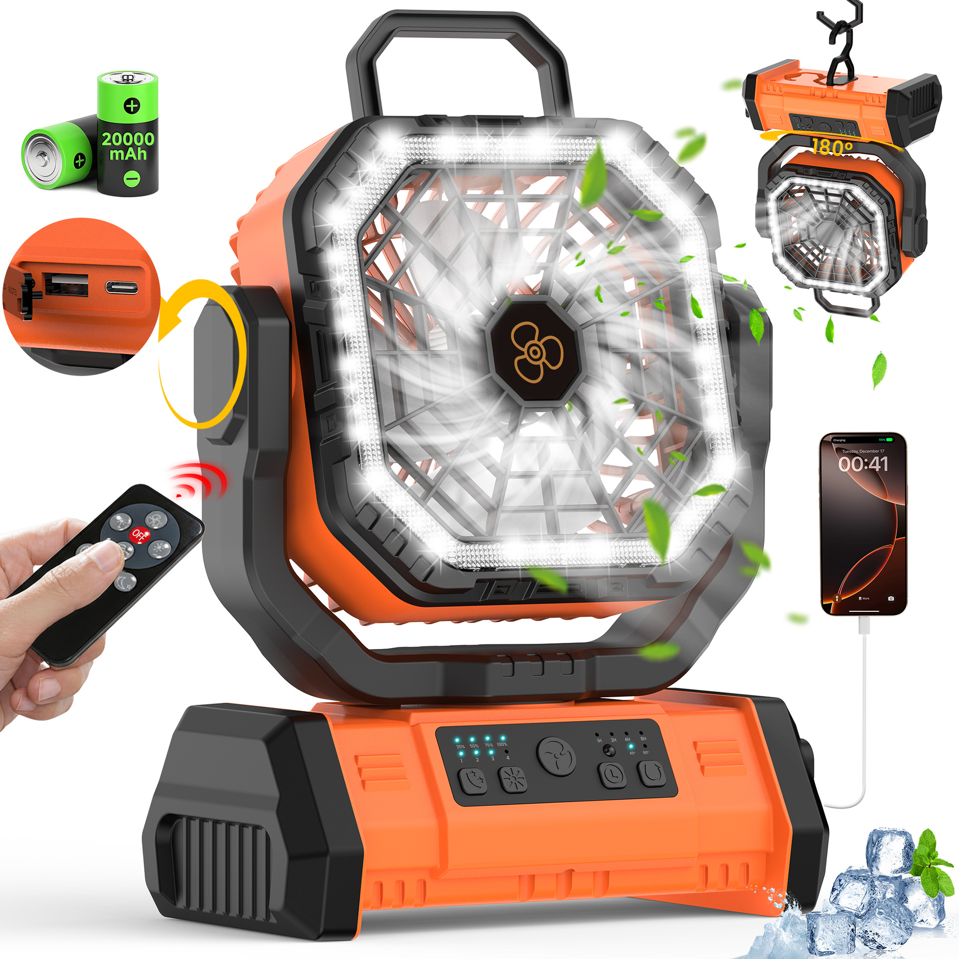20000mAh Portable LED Camping Fan with Touch Control & Built-in Light – USB Rechargeable Outdoor Cooling Fan