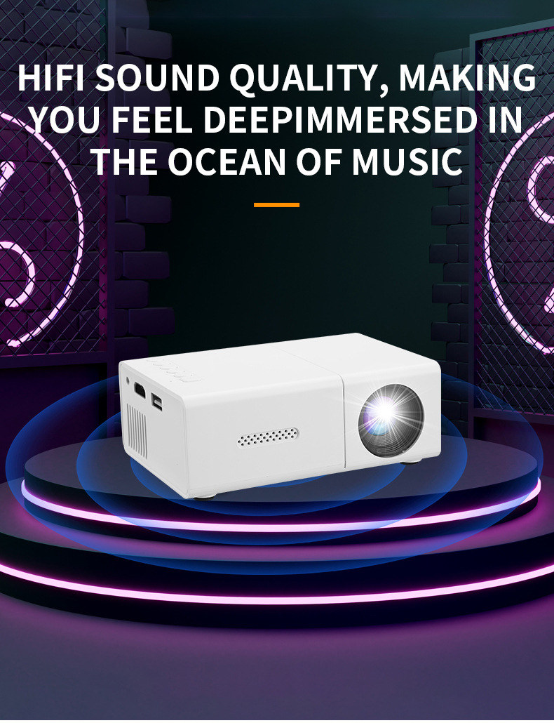 A 80° mini projector with a remote control, USB phone connection and LED lights