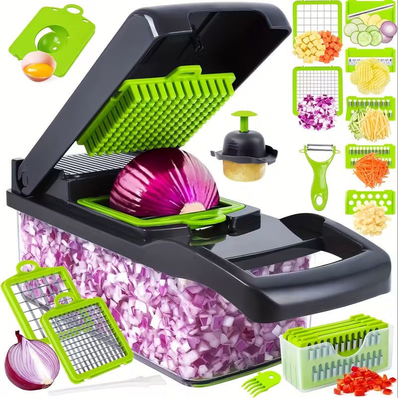 Professional Multifunctional 16-in-1 Vegetable Chopper - Onion Chopper, Kitchen Vegetable Slicer and Dicer - with 8 Blades, Carrot Chopper and Containe