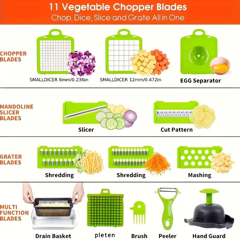 Professional Multifunctional 16-in-1 Vegetable Chopper - Onion Chopper, Kitchen Vegetable Slicer and Dicer - with 8 Blades, Carrot Chopper and Containe