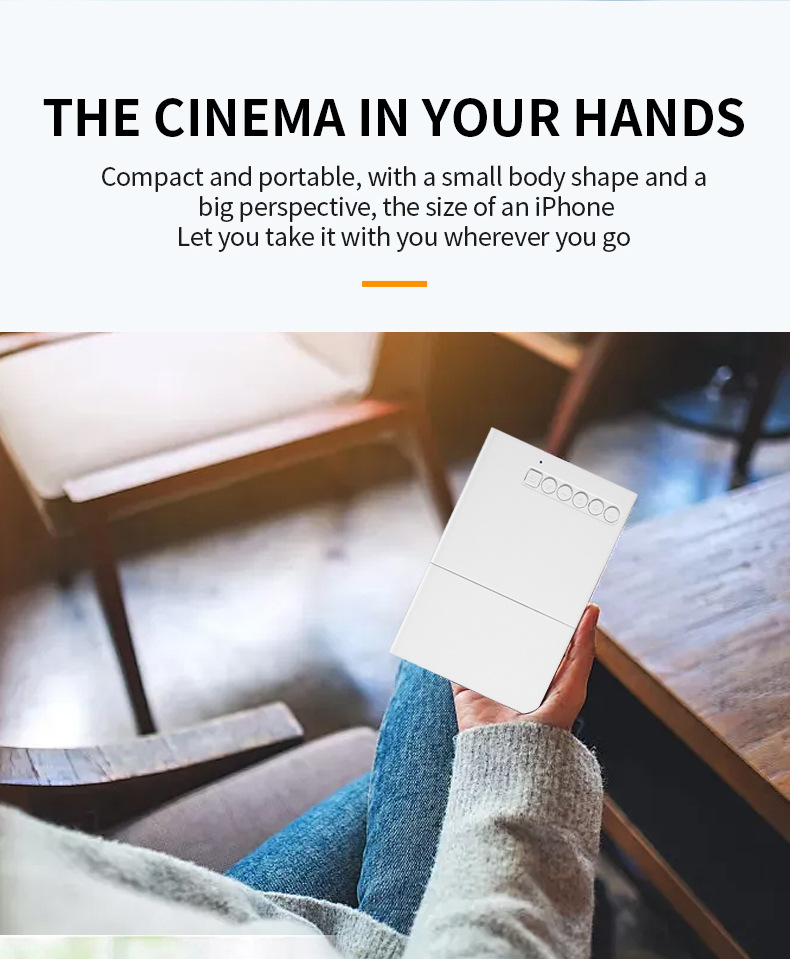 A 80° mini projector with a remote control, USB phone connection and LED lights