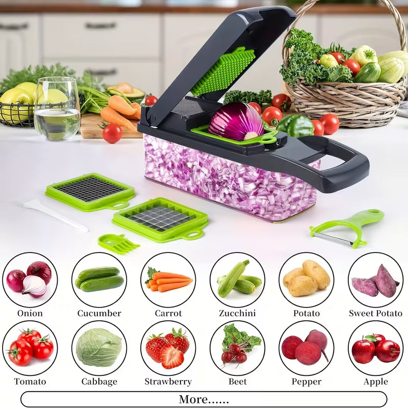 Professional Multifunctional 16-in-1 Vegetable Chopper - Onion Chopper, Kitchen Vegetable Slicer and Dicer - with 8 Blades, Carrot Chopper and Containe