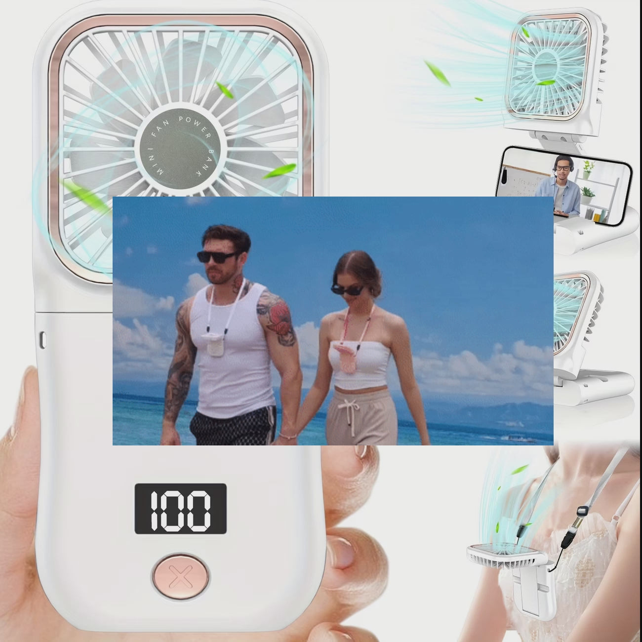 USB rechargeable 3000mAh battery, ultra-thin, digital display, foldable, mini, neck strap fan.